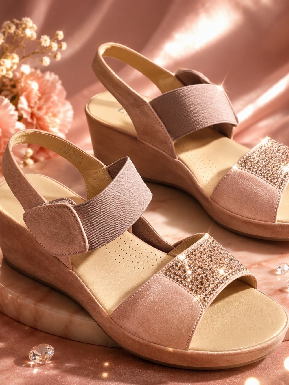 Women's Pink Wedge Sandals with Sparkle Strap